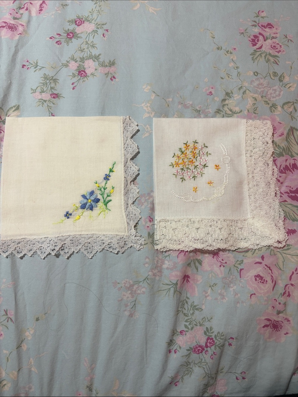 Vintage embroidered Floral Lace Handkerchiefs - Cream with Blue & Yellow Accents